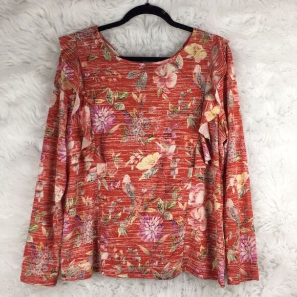 LC Lauren Conrad Tops - Lauren Conrad Red Floral Ruffle Long Sleeve Top